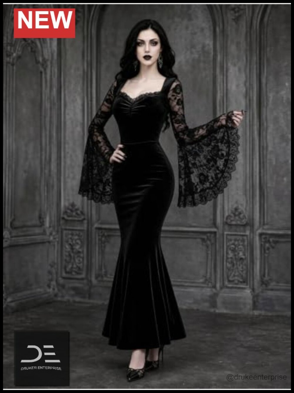 Velvet Mermaid Goth Dress Lace Bell Sleeve V-Neck Long Sleeve Maxi Cosplay Party - Picture 4 of 6